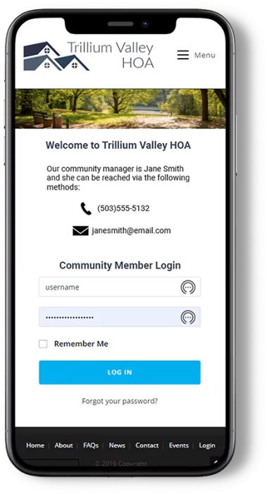 hoa-mobile Cell phone with a responsive HOA website loaded onto it built by HOA web.